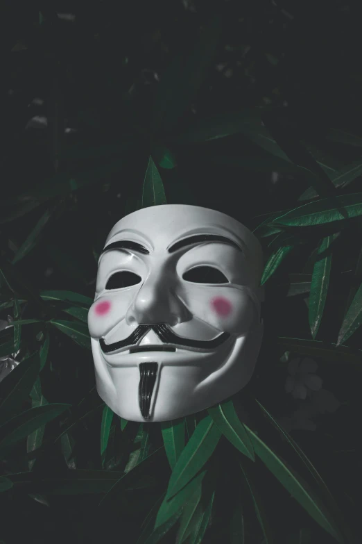 a white mask is sitting in some green grass