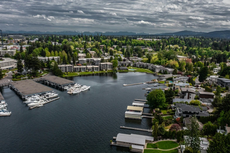 a view of a marina and village from an aerial view