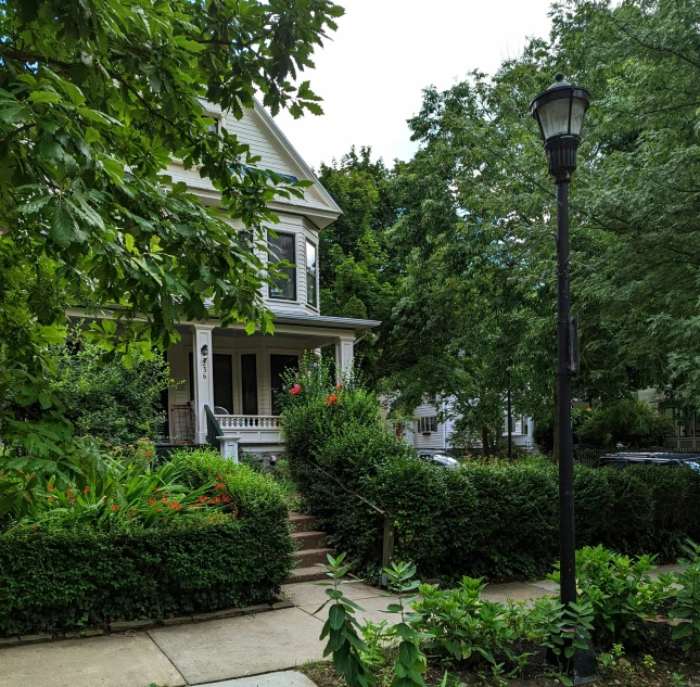 a street lamp outside of a house on the corner