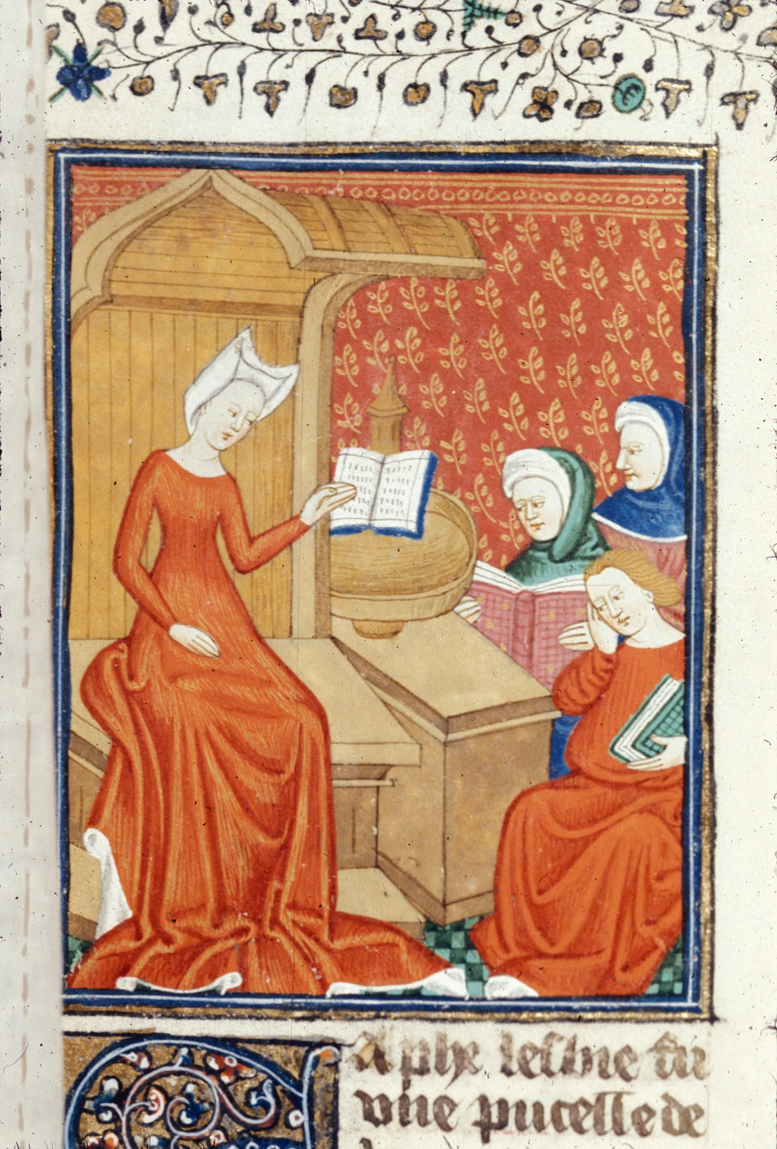 a medieval painting of two women in a room