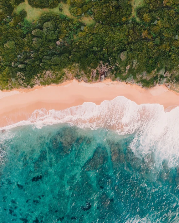 the view from above a body of water next to green land and trees