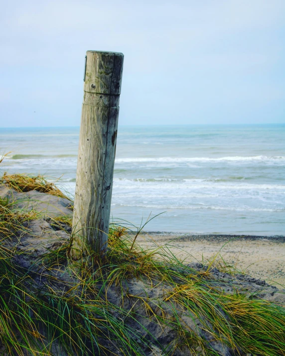 a wooden post sitting on top of a sandy beach