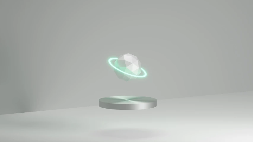 a glowing object in a white room with a gray wall