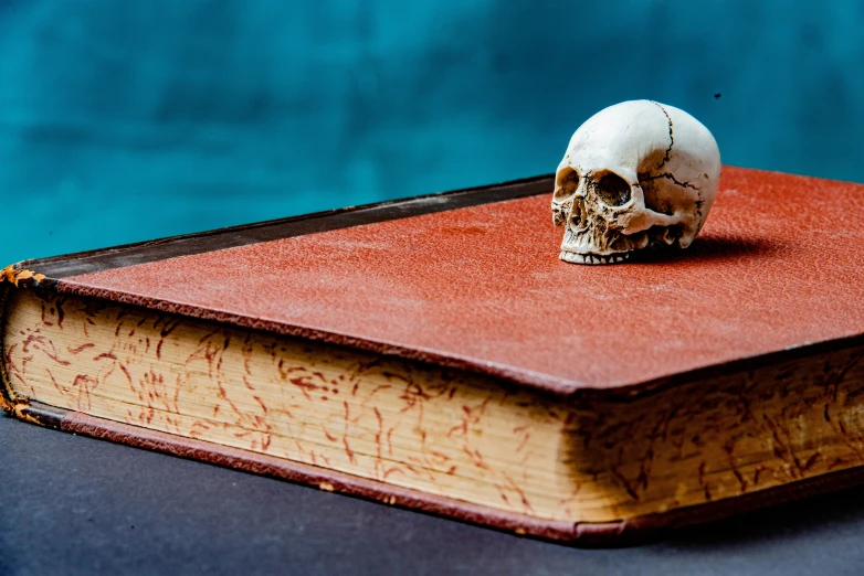 a skull on top of a book on a table