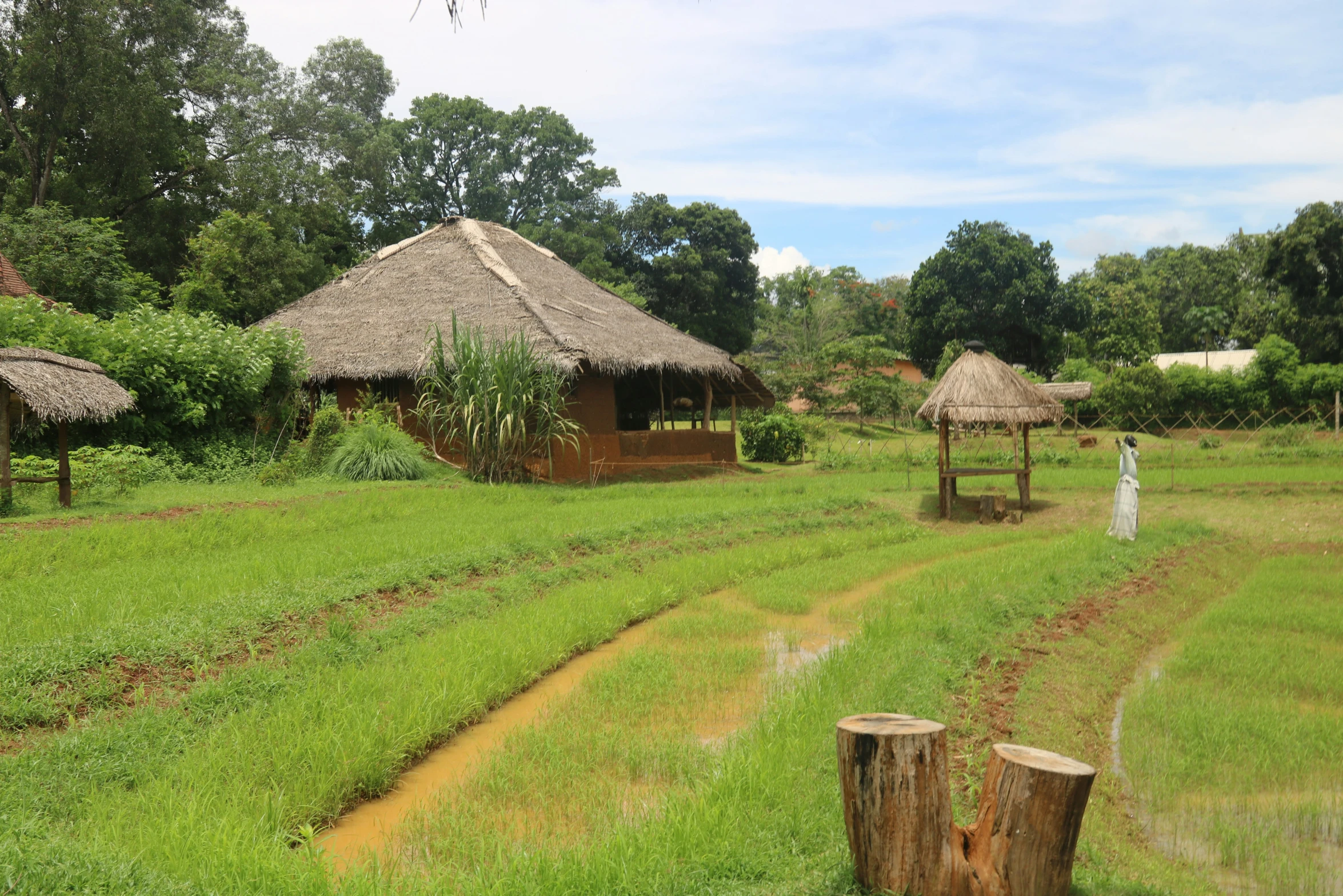 two women stand in front of some small huts on a grass field