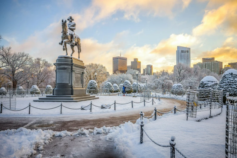 this is an image of a snow covered public square