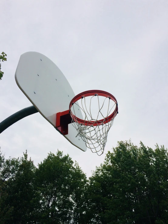 a white basketball hoop hanging from a black and red net