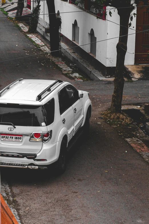 a white car parked on the side of a road