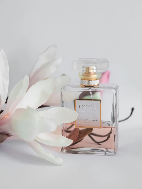 a bottle of perfume with a flower next to it