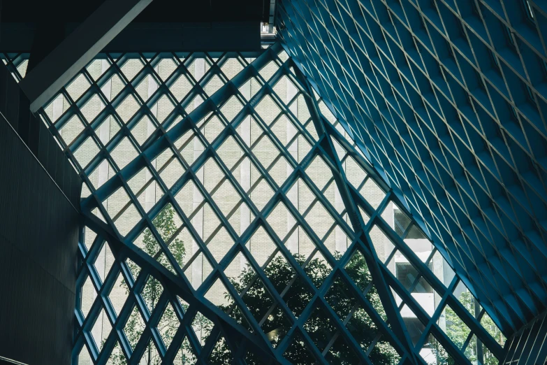 a stairway leads up to a building that has many windows