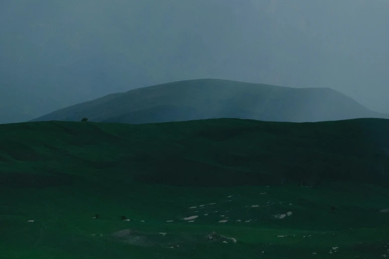 a green grassy plain with hills in the background