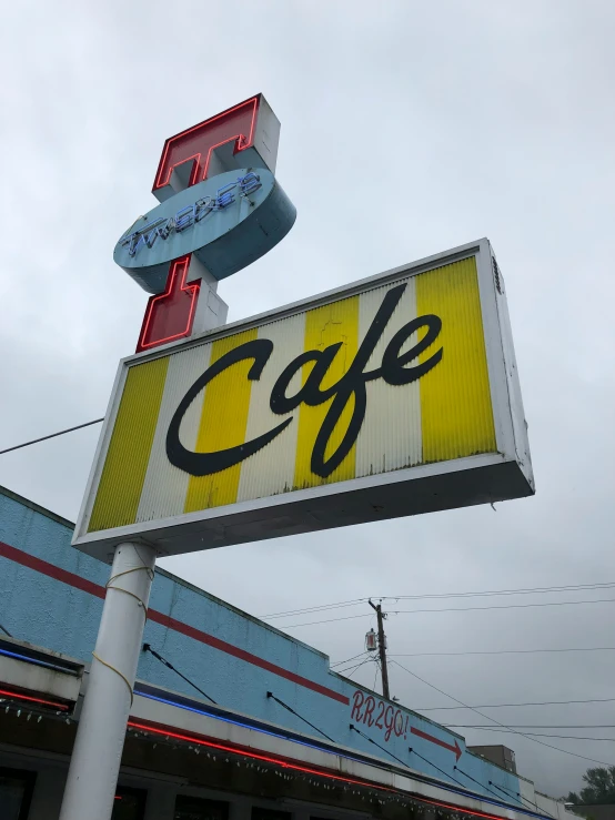 a sign for coffee shop on top of a building