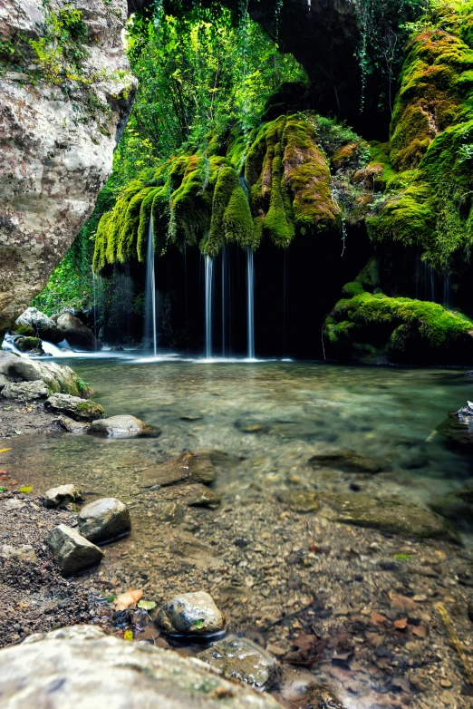 a waterfall near a body of water with rocks and plants growing on the side