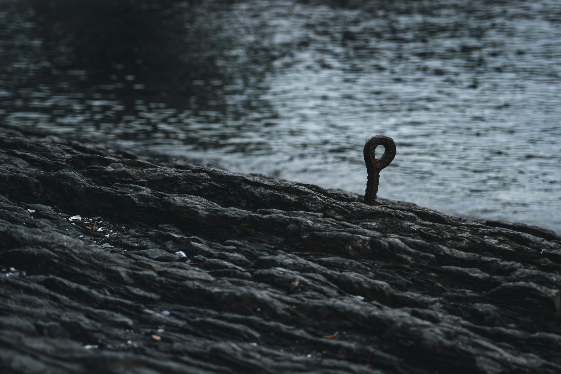 a circular object with a long chain sticking out from the water