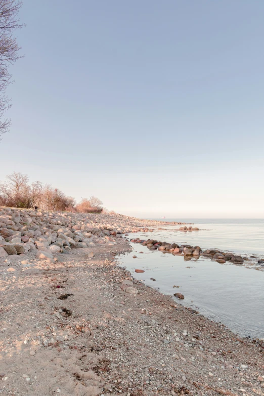 a beach with sand on the water and a bench