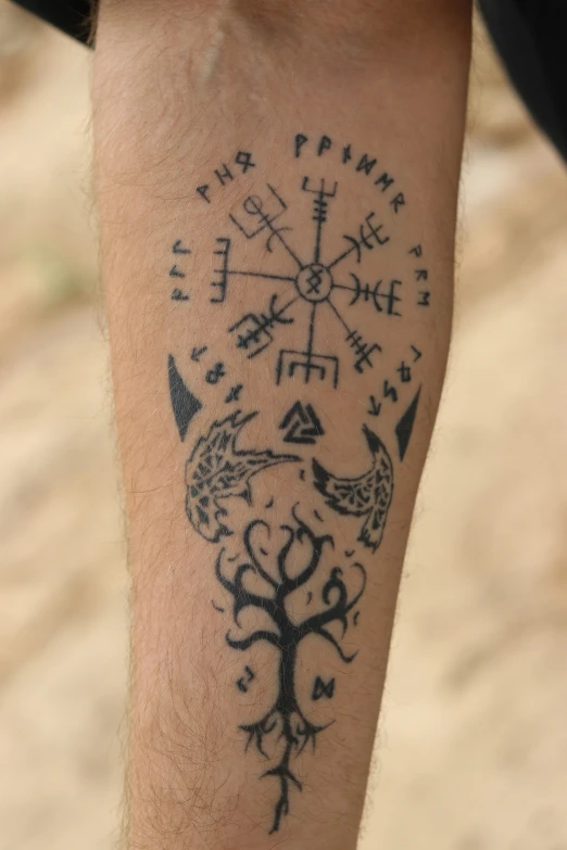 the compass on the leg of a person with black tattoos