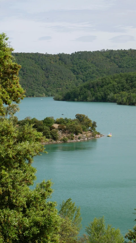 a large body of water surrounded by wooded area