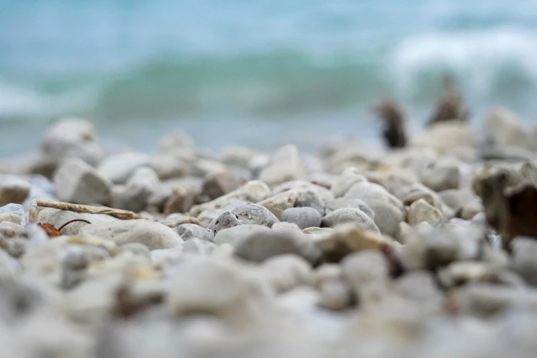 many rocks are on the sand near the water