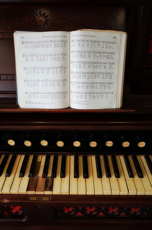 a brown piano with music sheets on it