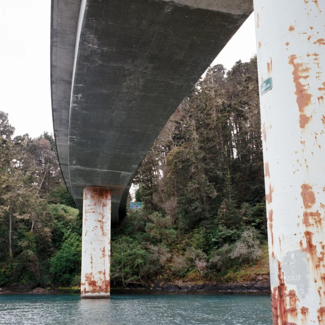 the bottom of an elevated structure with trees and water below