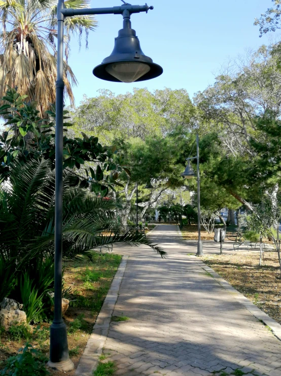 a light pole in a park that is connected to two street lamps