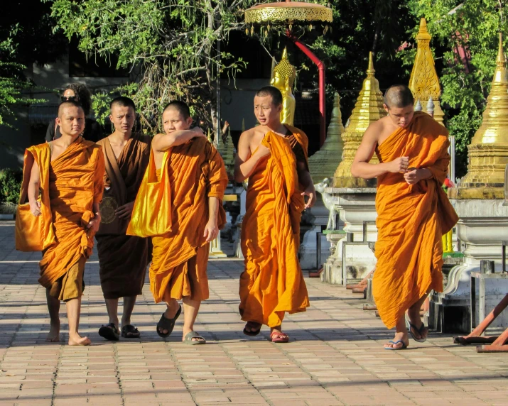 five buddhist monks walking down a sidewalk past two pagodas