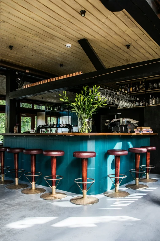 a blue pool filled with green plants next to tall chairs