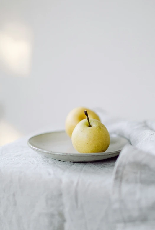 two apples are on a plate atop a white bed sheet