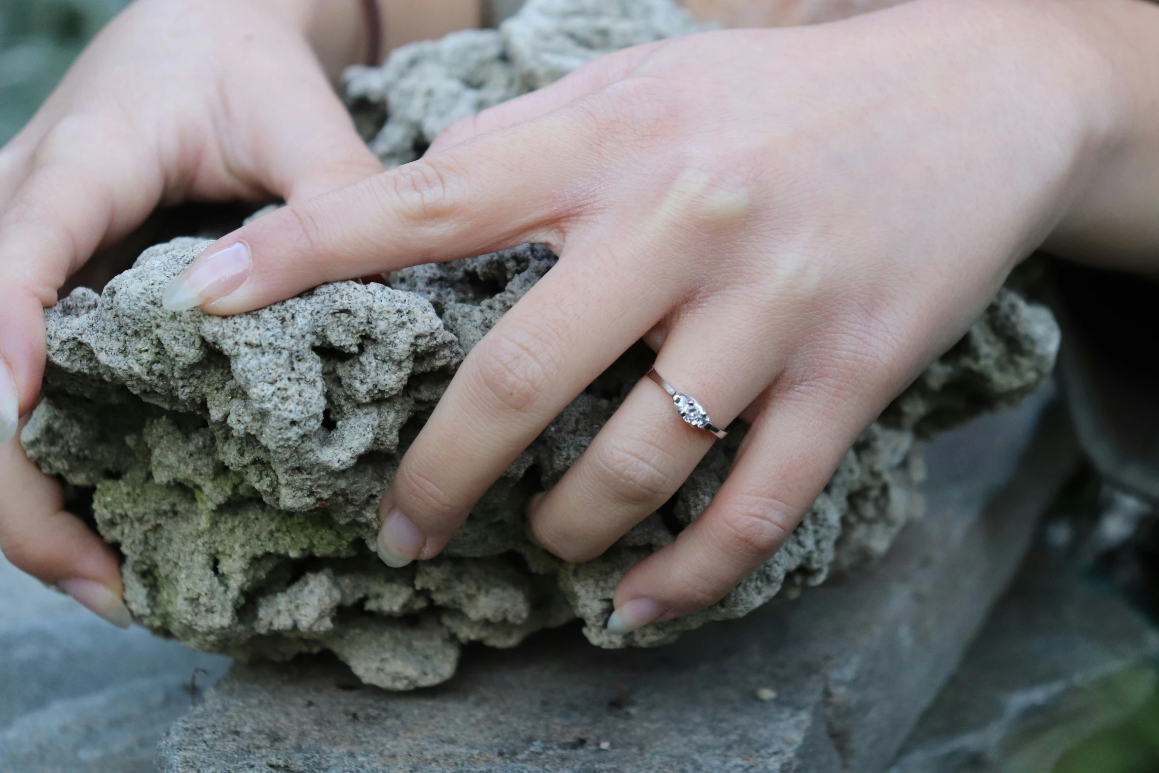 a womens engagement ring is setting atop a coral