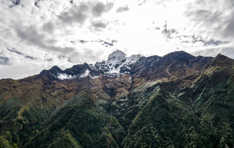 mountains surrounded by green grass and trees under cloudy skies