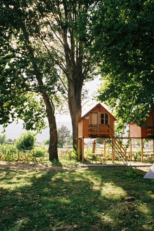 a tree house with wooden deck on a field
