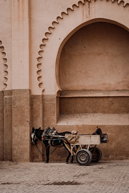 a horse and carriage parked in front of a building