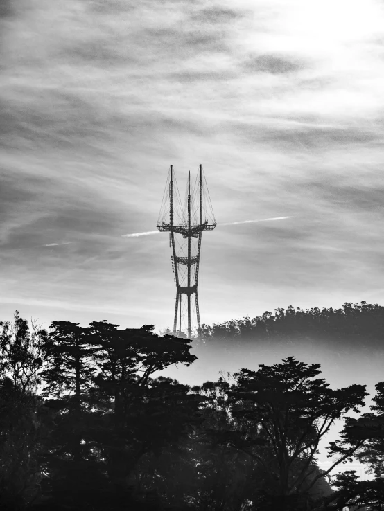 a tower with several masts rises from the trees