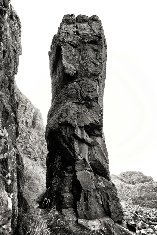 a very old rock with a bird perched on it