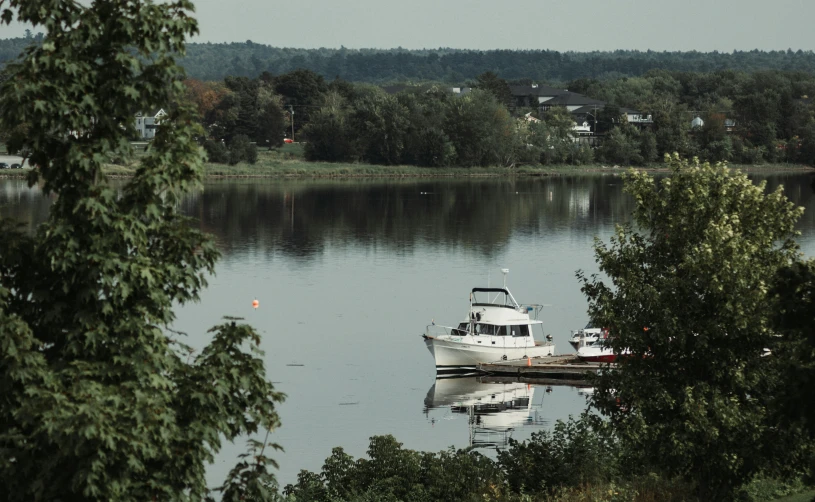 two boats anchored at a dock near some trees