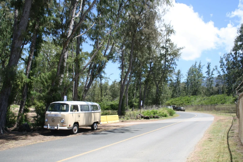 a vw bus parked on the side of a road near trees