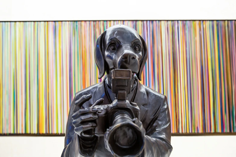 a dog holding a camera in his mouth