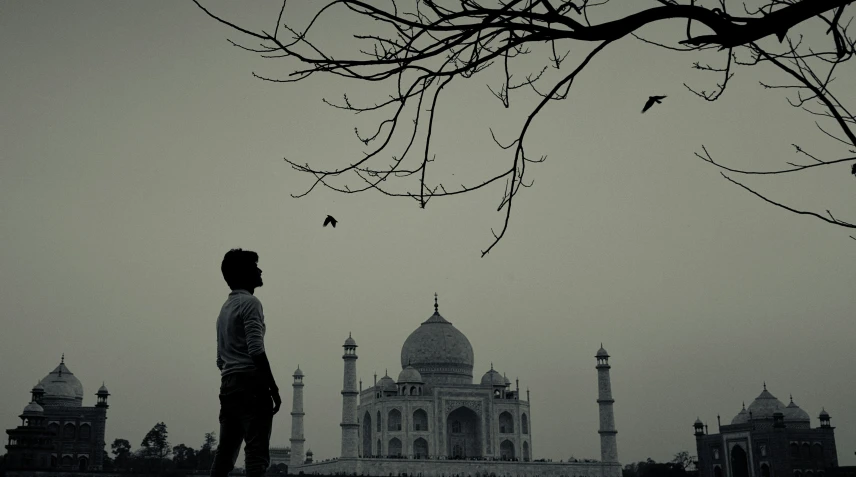 a person in front of a large white building