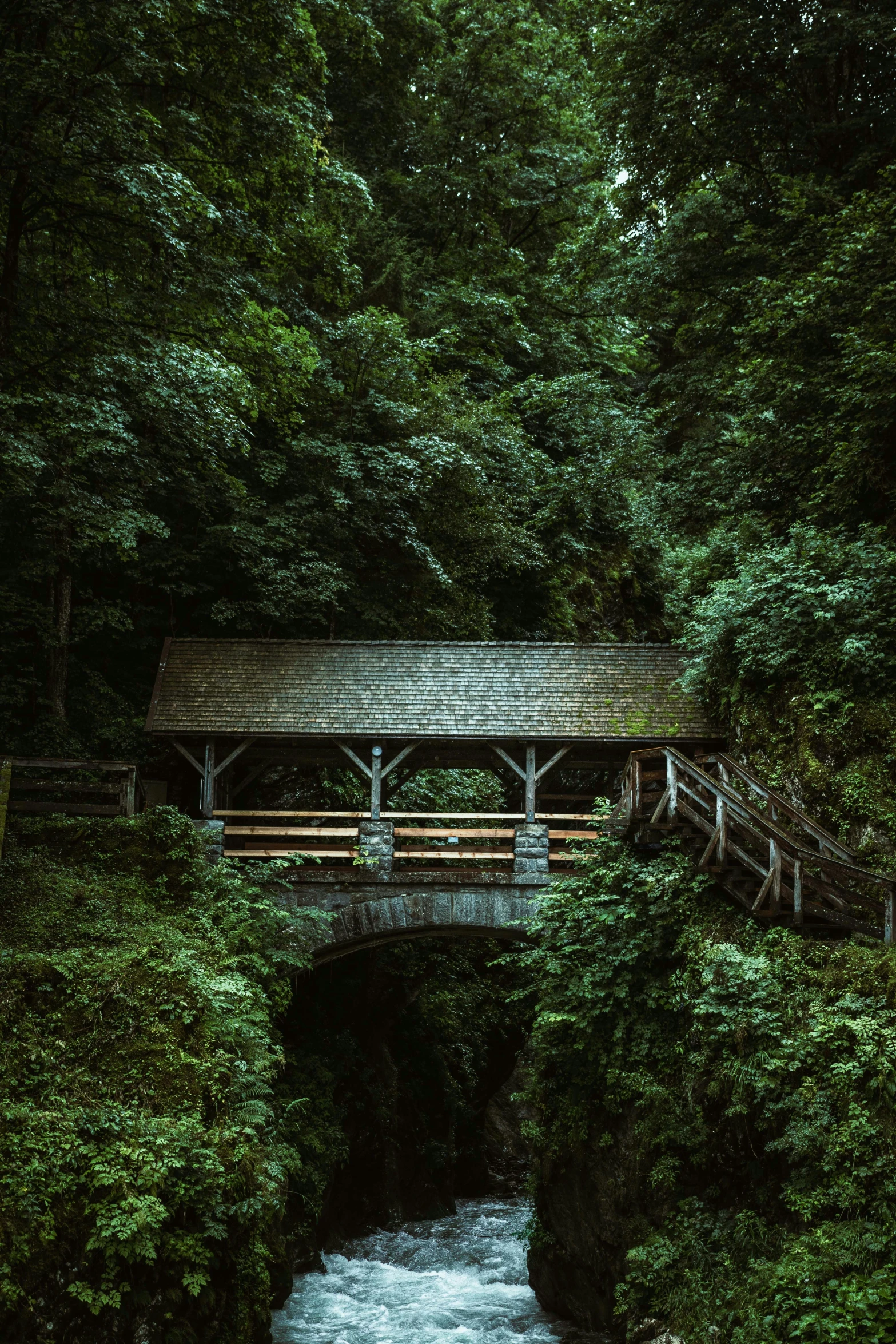 a small wooden bridge over a rushing stream