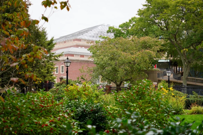 the building with large windows is surrounded by green plants