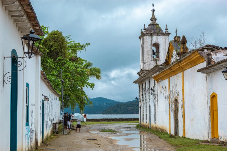 a view of a small village with old buildings