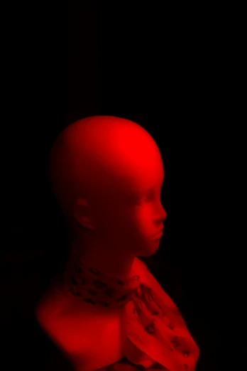 a mannequin wearing a red collar with the shape of a skull