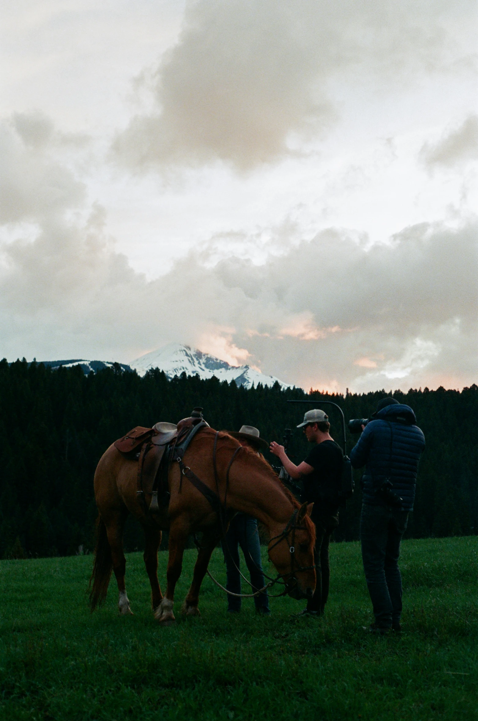 a couple of men standing next to horses in a field