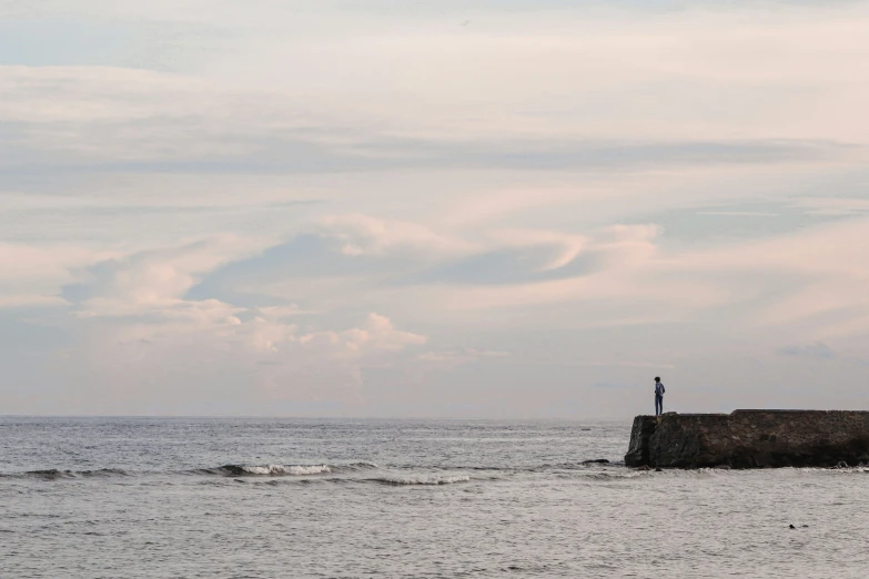 a man fishing at the shore of an ocean