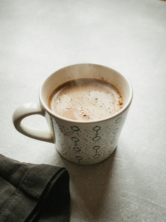 a cup of coffee sits on a table