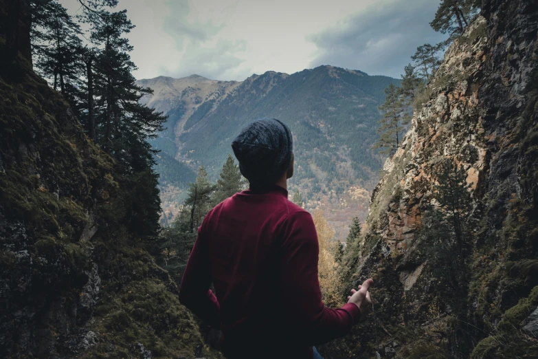 person in red jacket standing on ledge with mountain in background