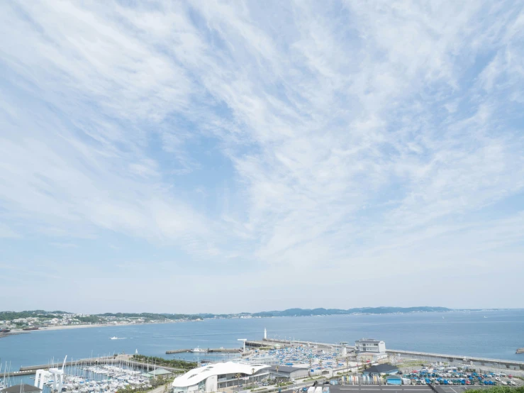 a sea port is pictured from a hill