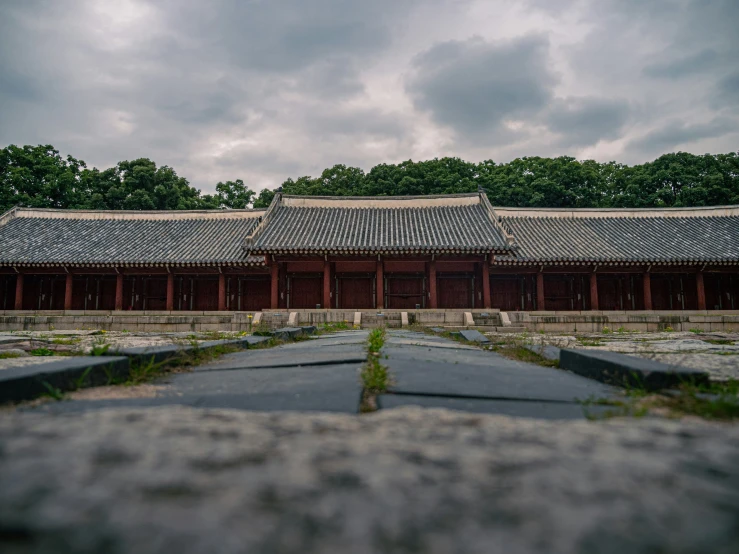 a building with a very tall roof and a lot of greenery