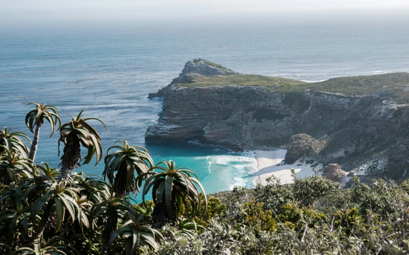 view from the top of the hill of a beach