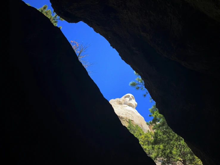 there is a mountain goat on the hill seen from underneath